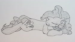 Size: 4730x2660 | Tagged: safe, artist:nightwind-arts, pinkie pie, earth pony, pony, female, hug, lying down, mare, monochrome, pillow, pillow hug, sketch, sleeping, sleepy, solo, traditional art