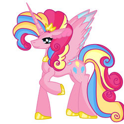 Size: 1100x1100 | Tagged: safe, artist:dottybobbles, pinkie pie, alicorn, pony, alicornified, colored wings, multicolored wings, pinkiecorn, race swap, rainbow power, raised hoof, simple background, solo, transparent background, xk-class end-of-the-world scenario