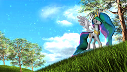 Size: 7850x4415 | Tagged: safe, artist:backmaker, princess celestia, alicorn, pony, 3d, looking at you, nature, sky, solo, source filmmaker, tree, walking