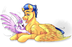 Size: 1600x1043 | Tagged: safe, artist:dragonfoxgirl, flash sentry, princess flurry heart, alicorn, pegasus, pony, the crystalling, cute, equestria's best uncle, eye contact, flash hunktry, flurrybetes, foal, happy, hug, lidded eyes, looking at each other, male, older, open mouth, papa flash, prone, scar, simple background, smiling, spread wings, stallion, transparent background, uncle and niece, uncle flash, watermark