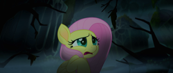 Size: 1920x804 | Tagged: safe, screencap, fluttershy, pegasus, pony, my little pony: the movie, scared, solo