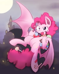 Size: 1638x2048 | Tagged: safe, artist:akainu_pony, pinkie pie, bat pony, earth pony, pony, bat ponified, bat wings, bipedal, candy, food, halloween, holiday, open mouth, pinkiebat, race swap, solo, tongue out