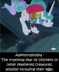 Size: 1090x1324 | Tagged: safe, edit, edited screencap, editor:leonidus, screencap, princess celestia, alicorn, bird, chicken, pony, rooster, between dark and dawn, adorable distress, alektorophobia, backpack, bush, celestia fears chickens, cropped, cute, definition, everfree forest, fear, flower, flowing mane, phobia, scared, text, tree