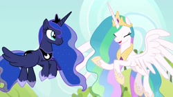 Size: 1920x1080 | Tagged: safe, screencap, princess celestia, princess luna, alicorn, pony, between dark and dawn, crown, ethereal mane, eyeliner, eyes closed, female, flapping, flowing mane, flying, hoof shoes, jewelry, makeup, mare, raised hoof, regalia, royal sisters, siblings, sisters, spread wings, sweet apple acres, wings