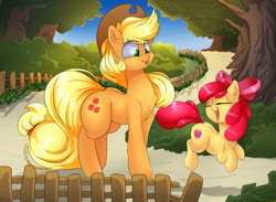 Size: 4100x3000 | Tagged: safe, artist:madacon, apple bloom, applejack, earth pony, pony, :p, absurd resolution, adorabloom, apple bloom's bow, bow, bush, cute, eyes closed, female, filly, forest, freckles, hair bow, happy, hat, jackabetes, mare, open mouth, sisters, sky, the cmc's cutie marks, tongue out, tree
