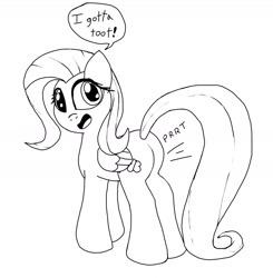 Size: 1242x1265 | Tagged: safe, artist:platypus in a can, fluttershy, pegasus, pony, fart, fart noise, monochrome, onomatopoeia, plot, simple background, solo, sound effects, white background