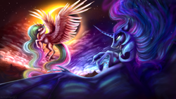 Size: 1920x1080 | Tagged: safe, artist:alissa1010, nightmare moon, princess celestia, alicorn, pony, fangs, female, mare