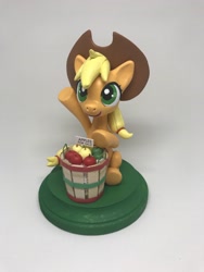 Size: 3024x4032 | Tagged: safe, artist:cadmiumcrab, applejack, earth pony, pony, absurd resolution, apple, bucket, craft, food, sculpture, smiling, solo, traditional art, waving