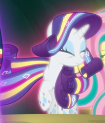 Size: 469x547 | Tagged: safe, screencap, rarity, pony, unicorn, twilight's kingdom, cropped, eyes closed, glow, rainbow power, rainbow power-ified, raised hoof, solo