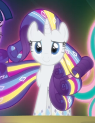 Size: 432x560 | Tagged: safe, screencap, rarity, pony, unicorn, twilight's kingdom, cropped, glow, rainbow power, rainbow power-ified, smiling, solo