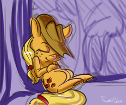 Size: 1280x1067 | Tagged: safe, artist:helloiamyourfriend, applejack, earth pony, pony, 30 minute art challenge, colored sketch, eyes closed, female, hat over eyes, mare, partial color, sketch, sleeping, solo, tree, underhoof