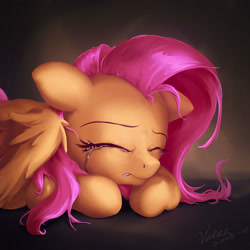 Size: 3000x3000 | Tagged: safe, artist:coldrivez, fluttershy, pegasus, pony, bust, crying, eyes closed, floppy ears, prone, sad, solo, teary eyes, wings