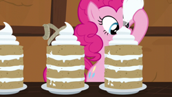 Size: 1280x720 | Tagged: safe, screencap, pinkie pie, pony, not asking for trouble, cake, food, icing bag, solo, vanilla