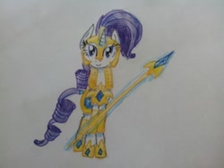 Size: 1280x960 | Tagged: safe, artist:kiwwsplash, rarity, pony, unicorn, armor, female, glowing horn, helmet, hoof shoes, horn, magic, mare, royal guard, royal guard rarity, smiling, solo, spear, telekinesis, traditional art, weapon