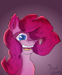 Size: 1000x1200 | Tagged: safe, artist:darkvulpes, pinkie pie, earth pony, pony, bust, female, portrait, scared, simple background, smiling, solo