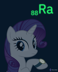 Size: 4000x5000 | Tagged: safe, artist:parclytaxel, rarity, pony, unicorn, series:joycall6's periodic table, .svg available, absurd resolution, chemistry, dark, female, frown, glow, glow in the dark, looking back, mare, periodic table, purple background, radium, raised hoof, simple background, solo, this will end in cancer, vector, watch