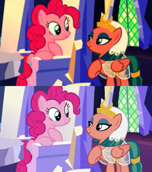 Size: 695x782 | Tagged: safe, edit, edited screencap, screencap, pinkie pie, earth pony, pegasus, pony, shadow play, comparison, eye contact, female, friendship throne, looking at each other, mare, retro filter, smiling, throne, twilight's castle, vintage