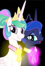 Size: 2872x4168 | Tagged: safe, artist:disneymarvel96, edit, princess celestia, princess luna, alicorn, pony, alternate hairstyle, bowtie, fluorescent, glow, hair bun, mane bun, ribbon, string bowtie, vector, vector edit