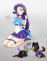 Size: 1280x1658 | Tagged: safe, artist:shinta-girl, rarity, spike, dog, human, equestria girls, arm behind back, bondage, breasts, clothes, cosplay, costume, gritted teeth, group, human coloration, kneeling, raritits, sailor moon, sailor scout, spike the dog, tuxedo mask