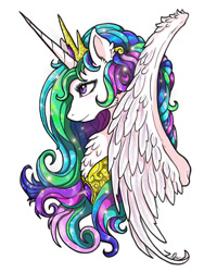 Size: 900x1200 | Tagged: safe, artist:joselyn565, princess celestia, alicorn, pony, bust, cheek fluff, chest fluff, ear fluff, female, mare, portrait, profile, simple background, solo, white background, wing fluff