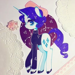 Size: 720x718 | Tagged: safe, artist:dollbunnie, rarity, pony, unicorn, becoming popular, beret, clothes, eyebrows, eyelashes, hat, shoes, short hair, short mane, sparkling mane, sweater