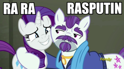 Size: 900x505 | Tagged: safe, edit, edited screencap, screencap, mr. stripes, rarity, pony, unicorn, the saddle row review, boney m, caption, discovery family logo, duo, image macro, rarara, rasputin, song reference, text