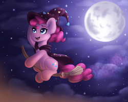 Size: 2500x2000 | Tagged: safe, artist:spirit-dude, pinkie pie, earth pony, pony, broom, cute, diapinkes, flying, flying broomstick, full moon, halloween, hat, high res, holiday, moon, smiling, solo, witch, witch hat