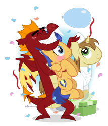 Size: 960x1120 | Tagged: safe, artist:dm29, donut joe, flash sentry, garble, dragon, birthday, birthday gift, confetti, cute, diasentres, garble's hugs, gardorable, hug, julian yeo is trying to murder us, trio, vincent tong, voice actor joke