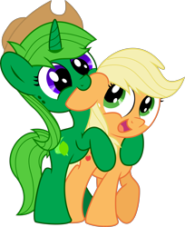 Size: 5500x6744 | Tagged: safe, artist:limedreaming, artist:supermlpfan, applejack, oc, oc:lime dream, earth pony, pony, unicorn, absurd resolution, accessory swap, base used, canon x oc, chibi, cute, ear bite, female, lesbian, mare, shipping, simple background, transparent background