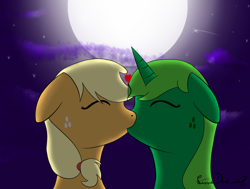 Size: 1046x792 | Tagged: safe, artist:limedreaming, applejack, oc, oc:lime dream, earth pony, pony, unicorn, canon x oc, female, heart, kissing, lesbian, mare, moon, night, shipping, stars