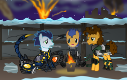 Size: 4852x3074 | Tagged: safe, artist:vector-brony, cheese sandwich, flash sentry, soarin', pony, fallout equestria, absurd resolution, armor, best friends, cold, commission, enclave armor, fallout, fireplace, flankorage, laser gun, power armor, sad, shadowbolt armor, trench, trio, war, winter