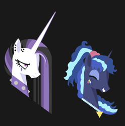Size: 1122x1130 | Tagged: safe, artist:samoht-lion, princess celestia, princess luna, alicorn, pony, between dark and dawn, 80s, 80s princess luna, alternate hairstyle, black background, bust, eyes closed, female, grin, hooves, horn, jewelry, lineless, mare, necklace, portrait, punklestia, simple background, smiling, solo