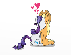 Size: 900x700 | Tagged: safe, artist:eulicious, applejack, rarity, earth pony, pony, unicorn, eyes closed, female, heart, kissing, lesbian, rarijack, shipping, simple background, sitting, white background