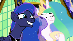 Size: 1920x1080 | Tagged: safe, screencap, princess celestia, princess luna, alicorn, pony, between dark and dawn, chestplate, crown, cute, duo, ethereal mane, eyeshadow, faic, female, flowing mane, grin, hoof on chest, hoof shoes, jewelry, lunabetes, makeup, mare, multicolored mane, regalia, royal sisters, siblings, sisters, smiling, smirk, smuglestia, smugluna, starry mane, twilight's castle