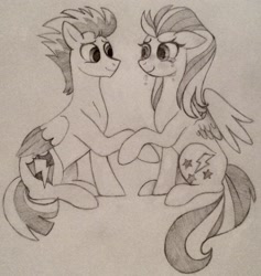 Size: 1398x1476 | Tagged: safe, artist:carouselunique, flash sentry, lightning dust, backwards cutie mark, comforting, sketch, story included, traditional art