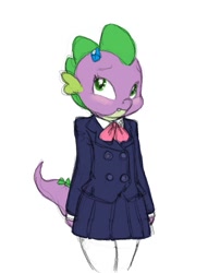 Size: 581x760 | Tagged: safe, artist:carnifex, barb, spike, dragon, blushing, older, older spike, rule 63, solo