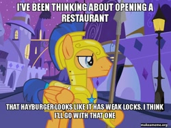 Size: 800x600 | Tagged: safe, edit, edited screencap, screencap, flash sentry, breaking and entering, dialogue, exploitable meme, idiot sentry, image macro, literal minded, male, meme, restaurant, solo, the hayburger