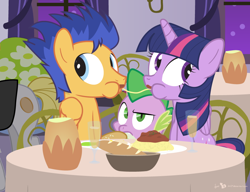 Size: 900x690 | Tagged: safe, artist:dm29, flash sentry, spike, twilight sparkle, twilight sparkle (alicorn), alicorn, dragon, pony, commission, female, flashlight, food, lady and the tramp, male, mare, pasta, restaurant, shipping, spaghetti, spaghetti scene, straight, third wheel, trio