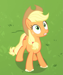 Size: 493x593 | Tagged: safe, screencap, applejack, earth pony, pony, bats!, cropped, female, hat, looking up, mare, open mouth, solo, worried