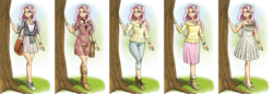 Size: 5000x1725 | Tagged: safe, artist:king-kakapo, fluttershy, human, bag, boots, bracelet, clothes, dress, female, hairband, high heels, humanized, jewelry, lanky, light skin, line-up, multiple variants, necklace, pants, shoes, skirt, smiling, sneakers, solo, sweater, sweatershy, tree