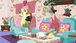 Size: 1280x720 | Tagged: safe, screencap, discord, fluttershy, pegasus, pony, discordant harmony, clothes, cup, flying, food, glasses, milk toast, sandwich, scone, sofa, sweater, tea set, teacup, teapot, transparent