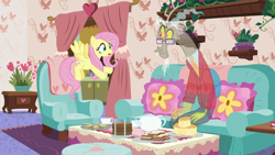 Size: 1280x720 | Tagged: safe, screencap, discord, fluttershy, pegasus, pony, discordant harmony, clothes, cup, flying, food, glasses, milk toast, sandwich, scone, sofa, sweater, tea set, teacup, teapot, transparent