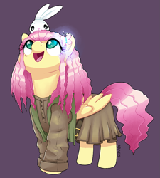 Size: 1399x1556 | Tagged: safe, artist:vampireselene13, angel bunny, fluttershy, pegasus, pony, rabbit, alternate hairstyle, belt, clothes, costume, cross-eyed, crossover, cute, cutie mark eyes, dress, female, glow, happy, harry potter, looking up, mare, open mouth, purple background, rubeus hagrid, shirt, shyabetes, simple background, smiling, solo, vest, wingding eyes