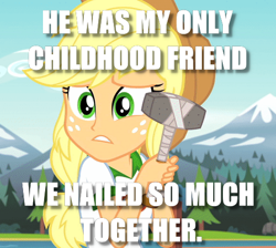 Size: 488x438 | Tagged: safe, edit, edited screencap, screencap, applejack, equestria girls, legend of everfree, caption, cargo ship, hammer, hammerjack, image macro, innuendo, meme, shipping, solo