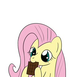 Size: 1280x1280 | Tagged: safe, artist:phat_guy, derpibooru exclusive, fluttershy, pegasus, pony, bust, chocolate, chocolate bar, cute, eating, female, food, hoof hold, mare, nibbling, nom, raised hoof, raised leg, shyabetes, simple background, solo, white background