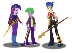 Size: 2944x2152 | Tagged: safe, artist:deannaphantom13, flash sentry, spike, twilight sparkle, equestria girls, equestria girls-ified, human spike, older, older spike, simple background, spear, sword, transparent background, trio, weapon