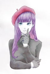 Size: 694x1024 | Tagged: safe, artist:kusunok, artist:kusunok77, rarity, human, beatnik rarity, becoming popular, beret, clothes, hat, humanized, japanese, meta, pony coloring, simple background, solo, sweater, traditional art, twitter, watercolor painting, white background