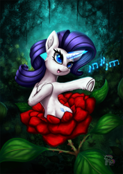 Size: 935x1323 | Tagged: safe, artist:calena, rarity, pony, unicorn, alraune, beautiful, chest fluff, cute, female, flower, forest, frog (hoof), glowing horn, horn, magic, music notes, painting, plant, rose, singing, solo, underhoof