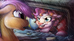 Size: 3840x2160 | Tagged: safe, alternate version, artist:lupiarts, pinkie pie, scootaloo, earth pony, pony, balloon, blue eyes, clown, crossover, female, filly, it, mare, open mouth, pennywise, pinkiewise, rain, sidewalk, signature, stephen king, storm drain, teeth, water