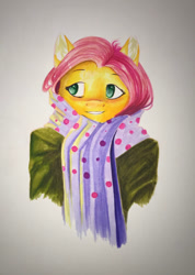 Size: 569x800 | Tagged: safe, artist:chasingthesilverstag, fluttershy, pegasus, pony, clothes, female, mare, scarf, simple background, smiling, solo, traditional art, warm